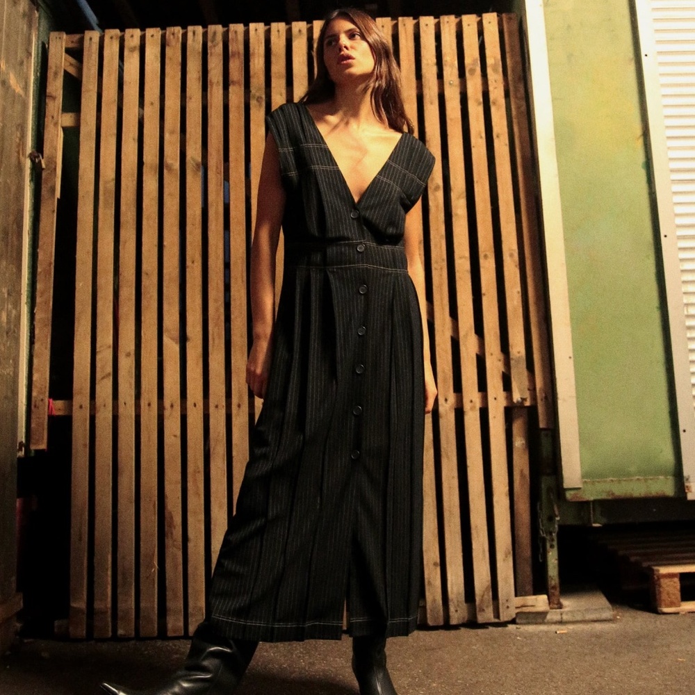 NWT ZARA STRIPED MIDI DRESS L BLACK SAND